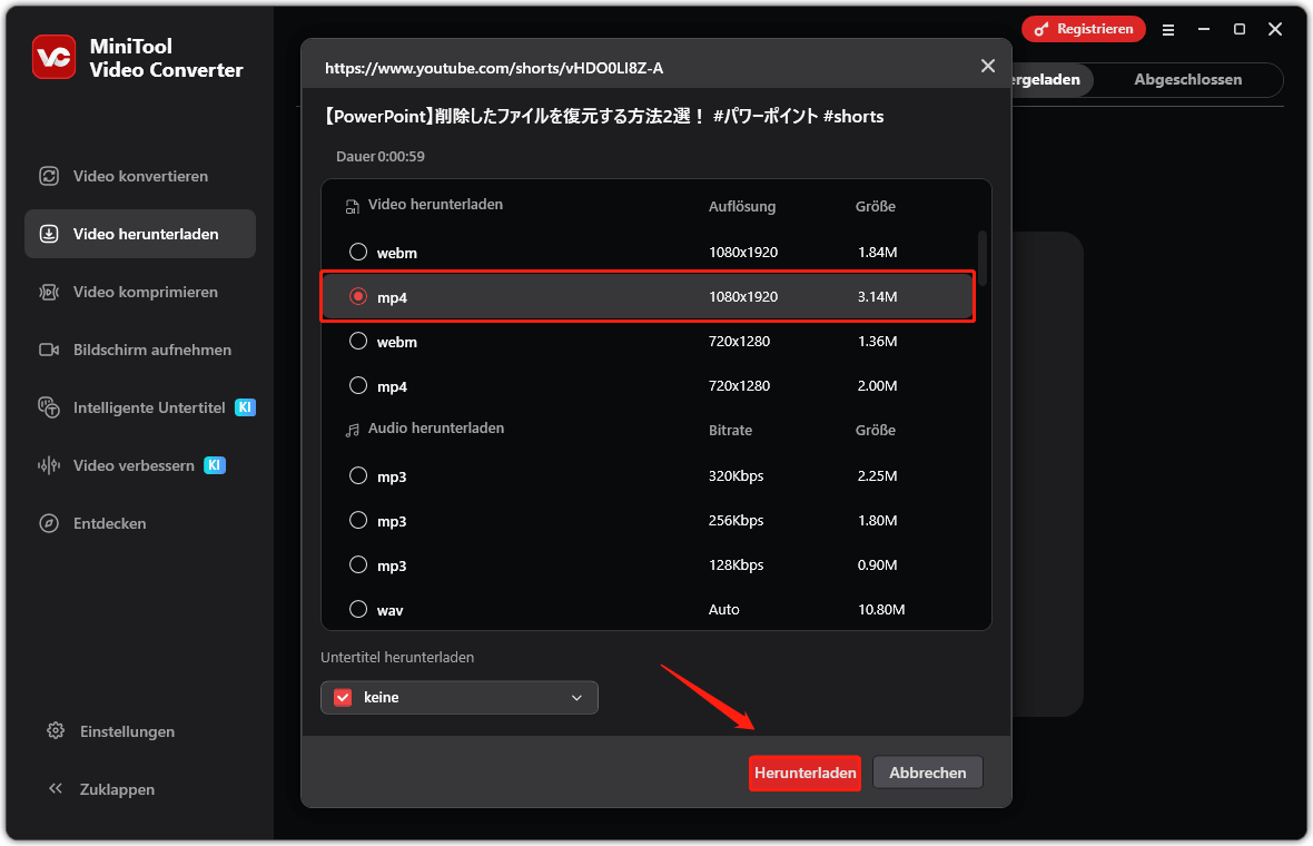 In MiniTool Video Converter das Format MP4 auswählen und auf Herunterladen klicken.