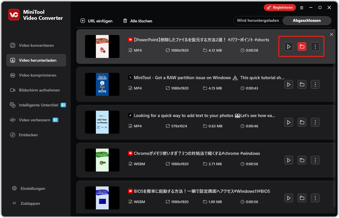 Das heruntergeladene Videodatei in MiniTool abspielen oder den Pfad anzeigen.