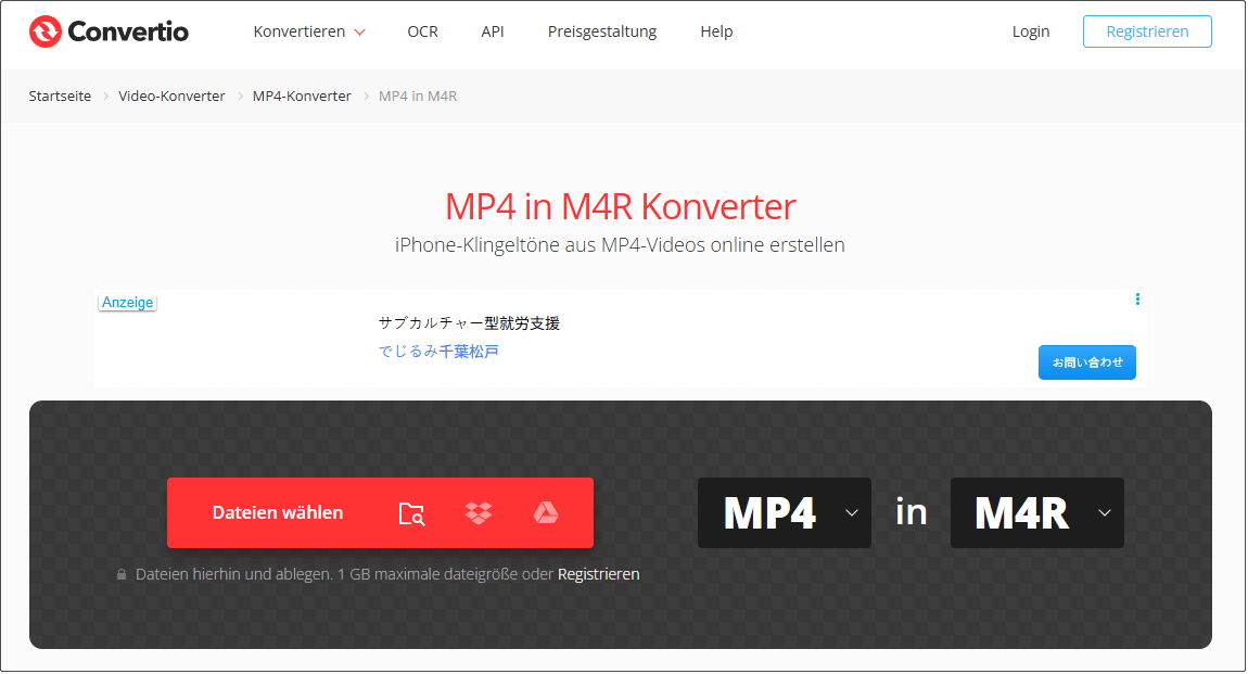 Die Konvertierungsseite von MP4 in M4R des Tools Convertio.