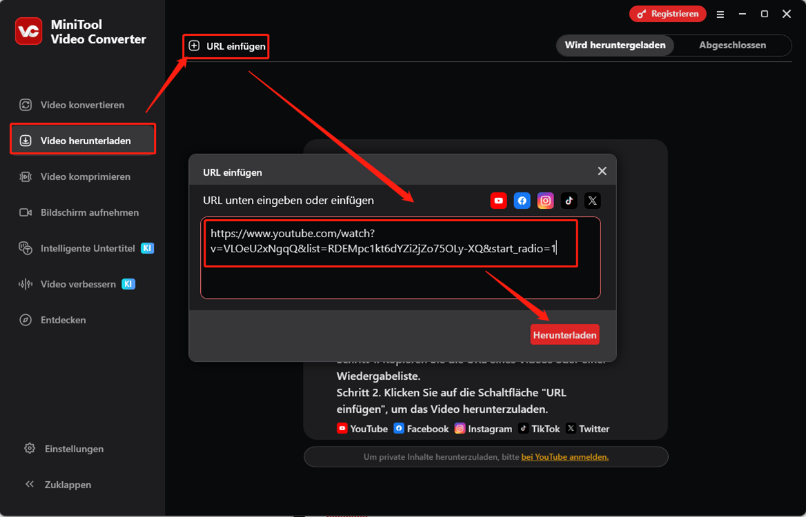 MiniTool Video Converter-Oberfläche, die zeigt, wie der YouTube-Musik-Link eingefügt wird.
