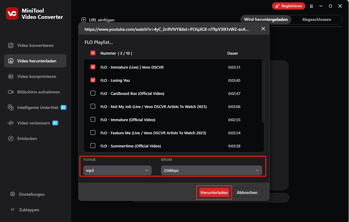 MiniTool Video Converter-Oberfläche, die zeigt, wie die Ausgabeeinstellungen für den Download festgelegt werden.