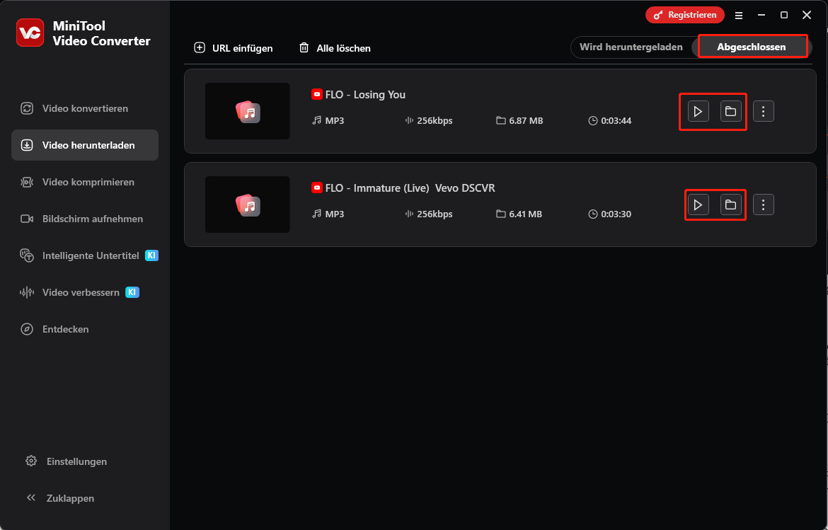 MiniTool Video Converter-Oberfläche, die zeigt, wie die heruntergeladenen Dateien angezeigt und gefunden werden.