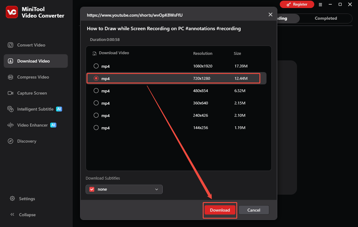 The Download Video interface of MiniTool Video Converter with the Download option selected to start the download process.