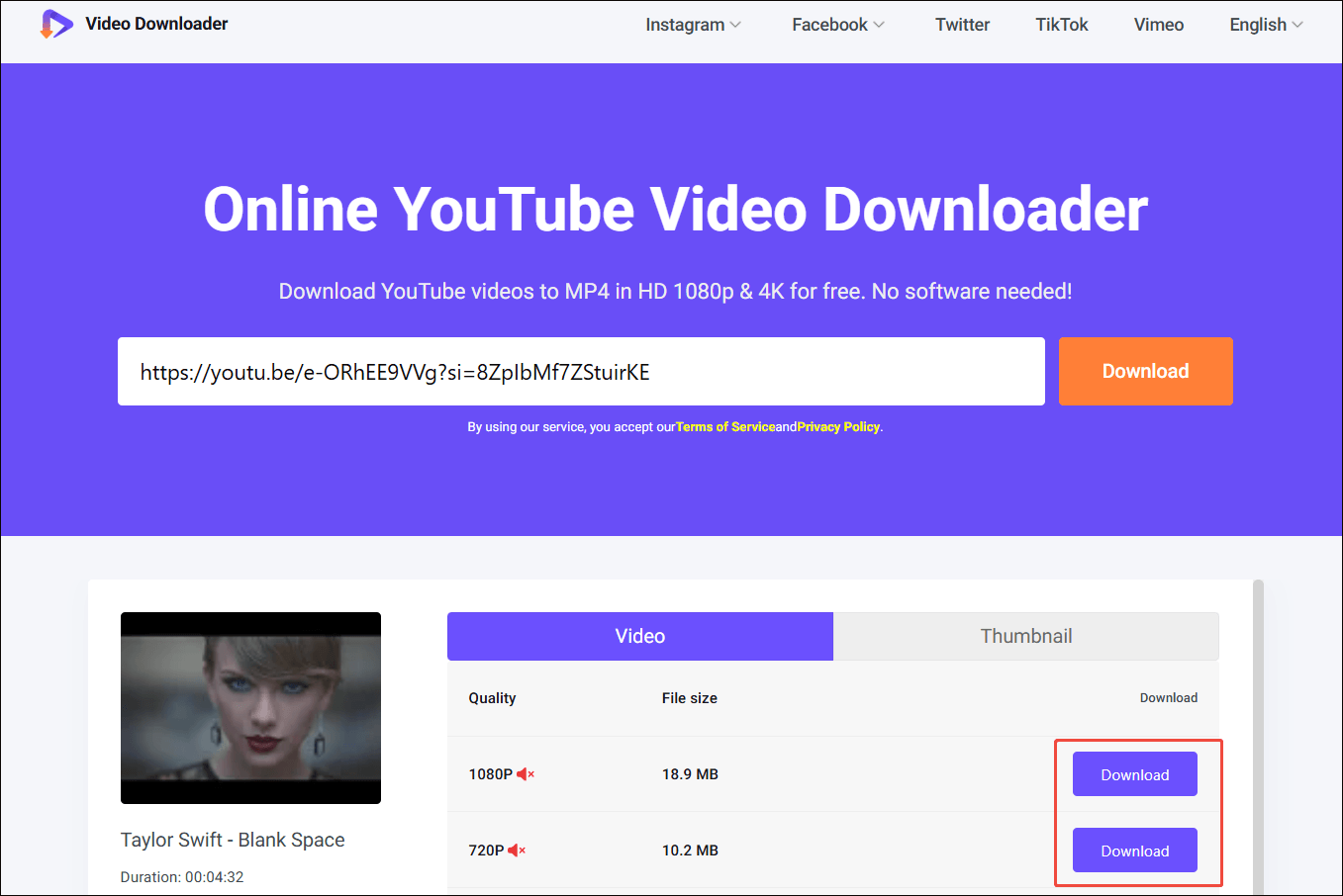 Viddown net interface with the output format and the Download option selected.