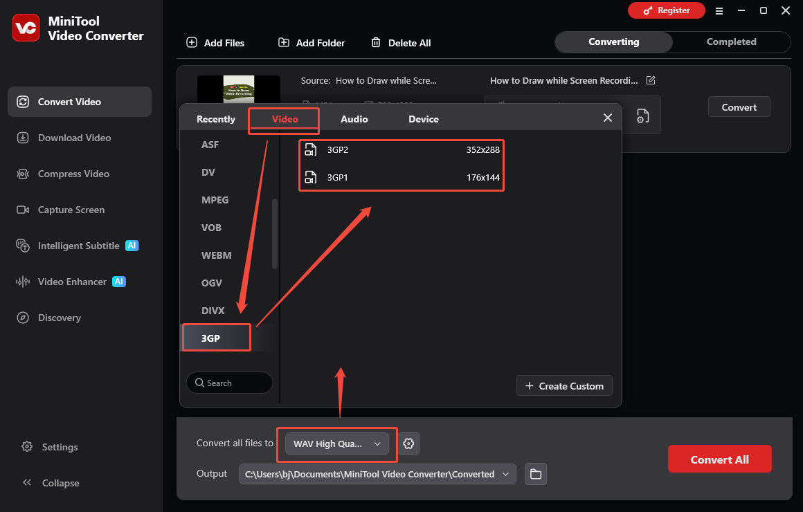 The Convert Video interface of MiniTool Video Converter that shows how to set 3GP as the output format.