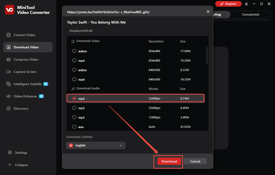 The Download Video interface of MiniTool Video Converter with the Download option selected to start the download process.