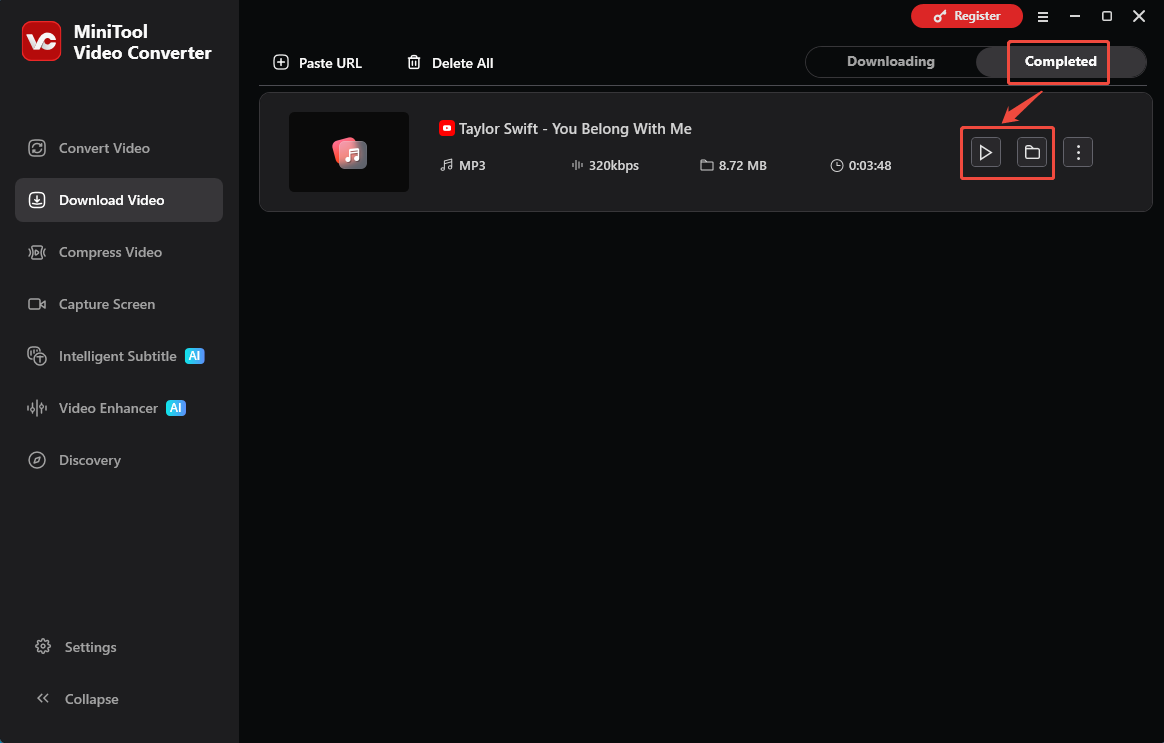 The Download Video interface of MiniTool Video Converter with the Play and Folder icons selected to check the output file.