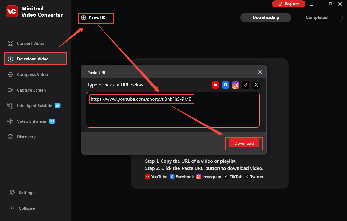 The Download Video interface of MiniTool Video Converter that shows how to analyze the YouTube URL.