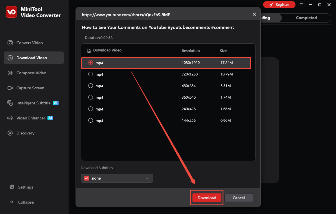 The Download Video interface of MiniTool Video Converter with the Download option selected to start the download process.