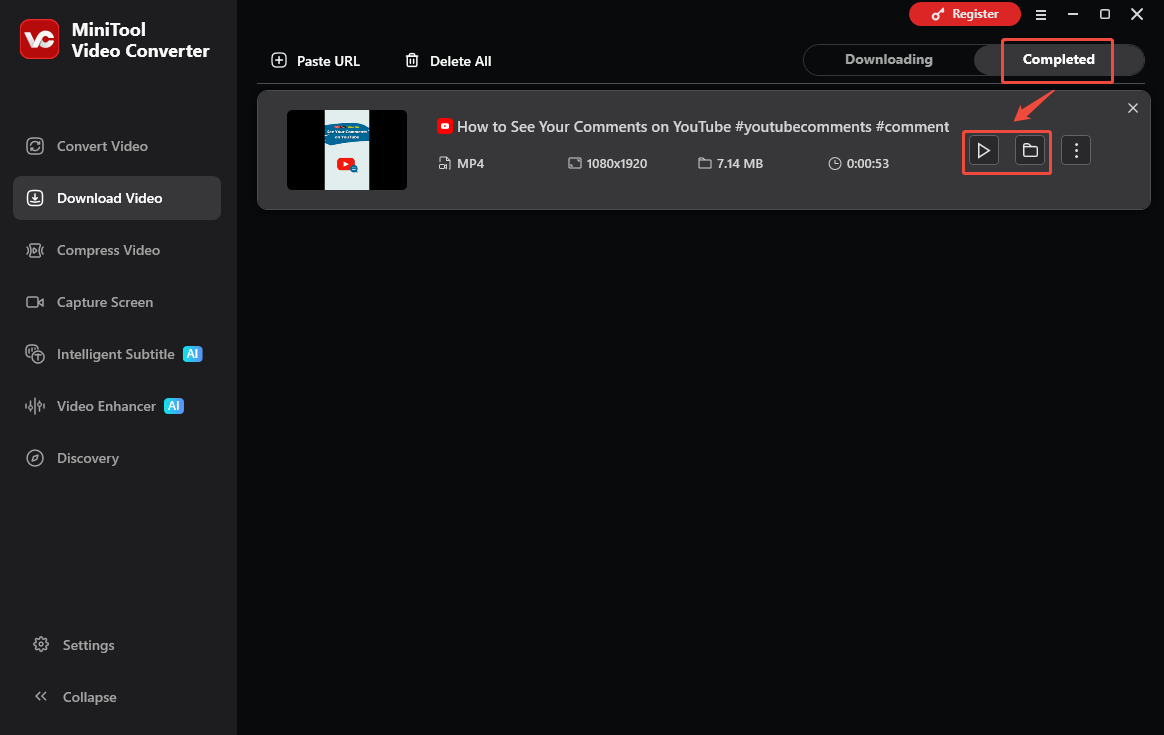 The Download Video interface of MiniTool Video Converter with the Play and Folder icons selected to check the output file.