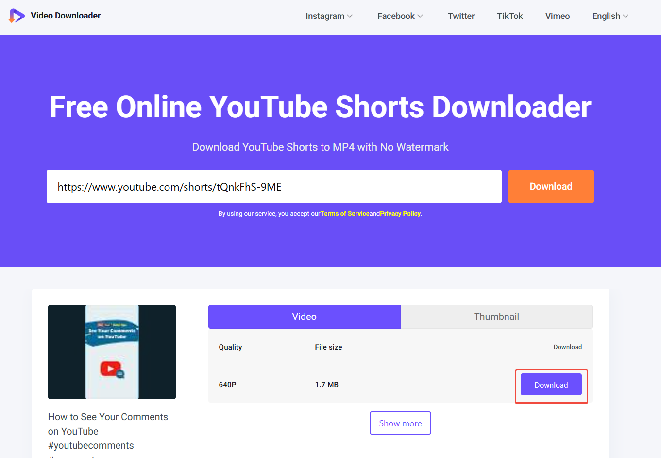 Viddown net interface that shows how to start the download process.
