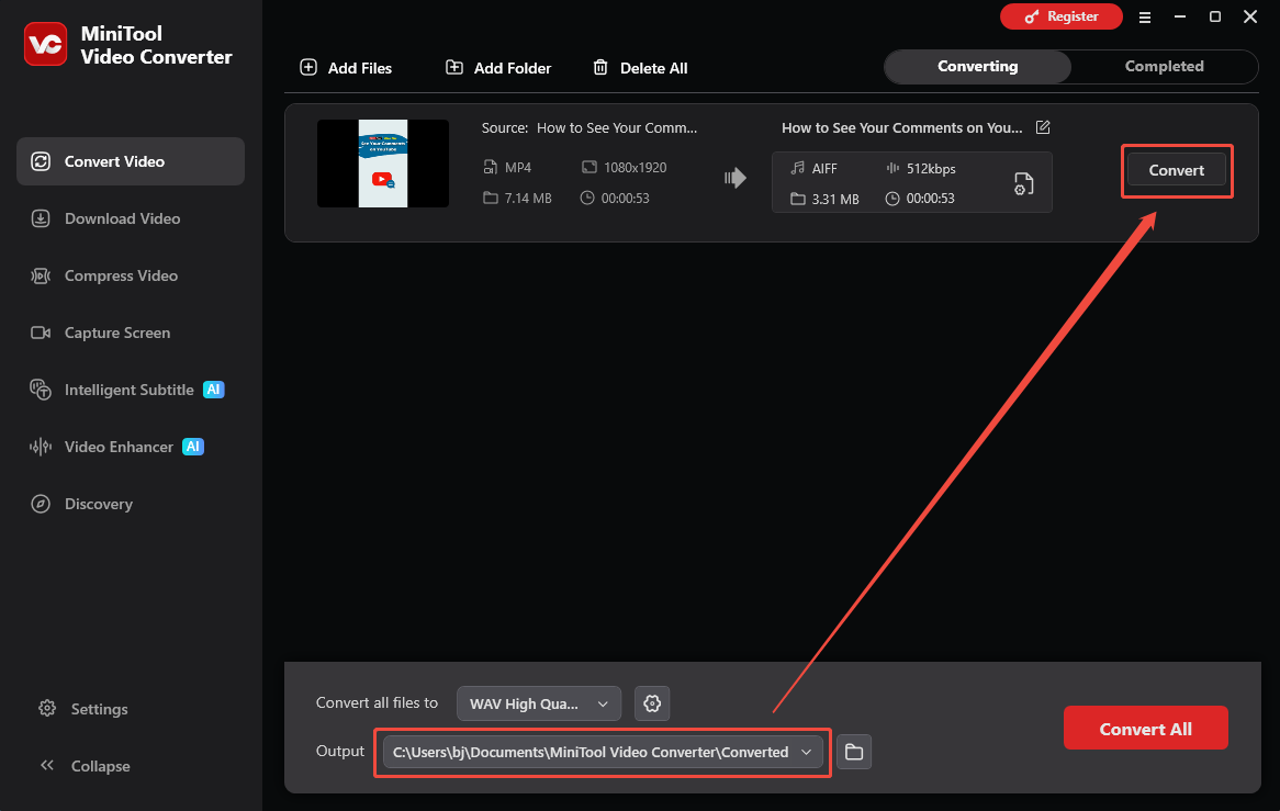 The Convert Video interface of MiniTool Video Converter that shows how to set an output folder and start the conversion.
