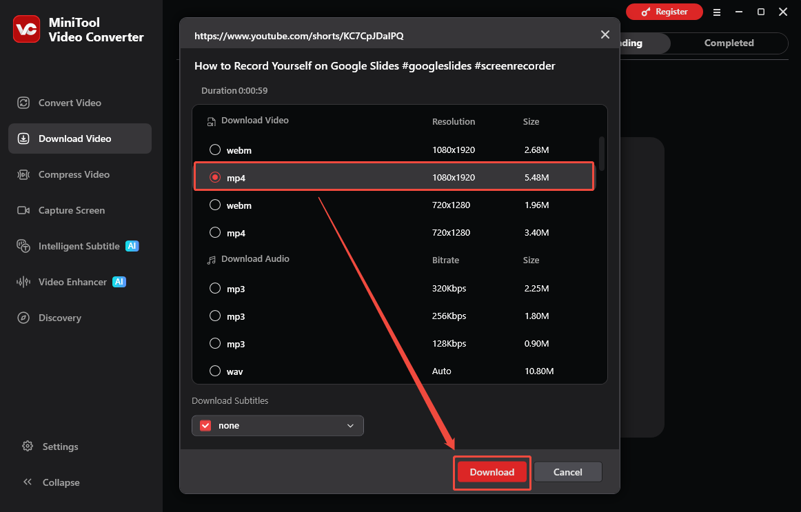The Download Video interface of MiniTool Video Converter that shows how to set the output format and start the download.