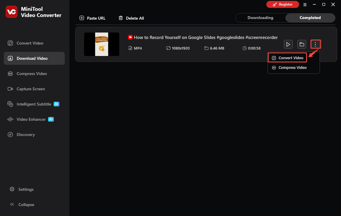 The Download Video interface of MiniTool Video Converter with the More icon and the Convert Video option selected.