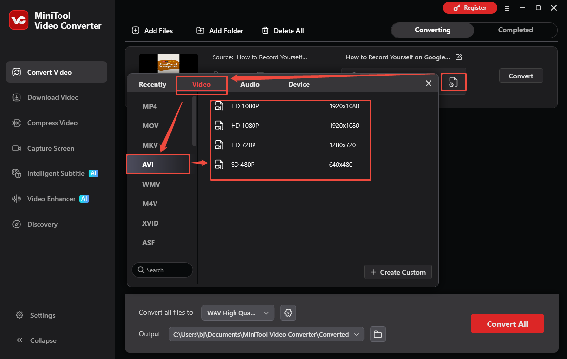 The Convert Video interface of MiniTool Video Converter that shows how to set AVI as the output format.