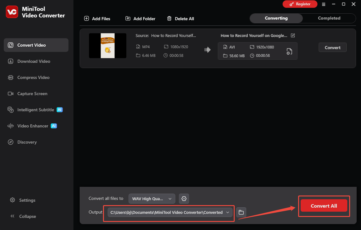 The Convert Video interface of MiniTool Video Converter that shows how to set an output folder and begin conversion.