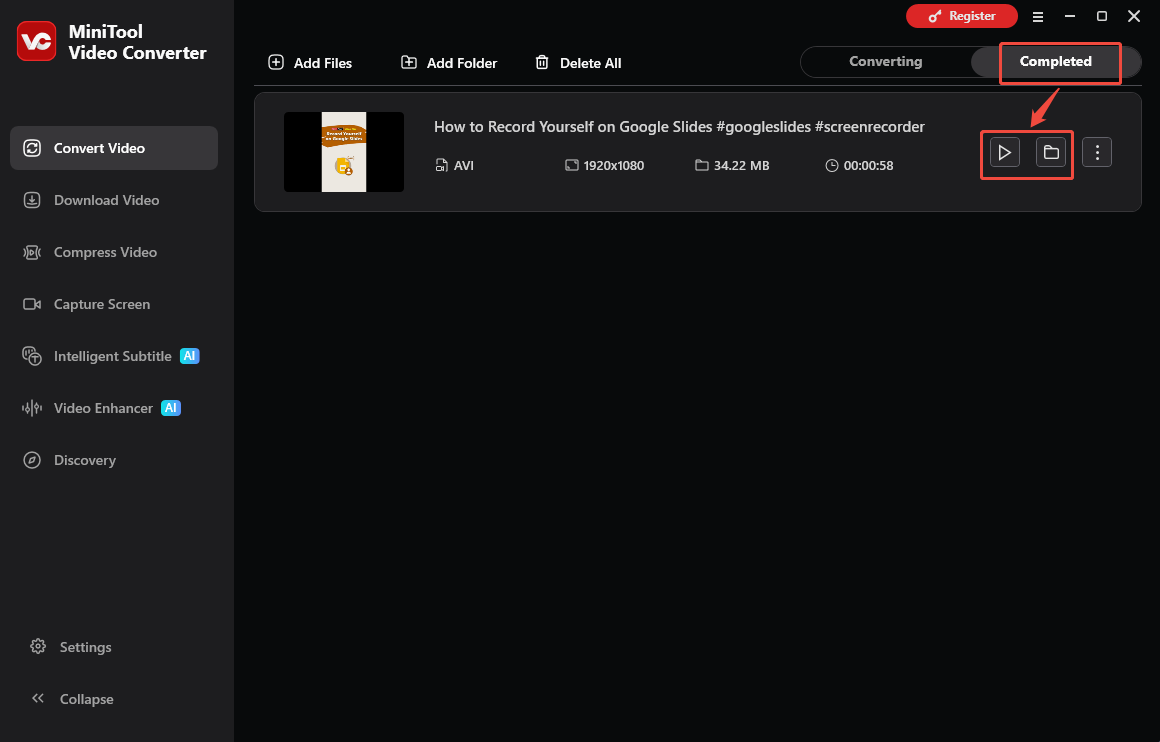 The Convert Video interface of MiniTool Video Converter that shows how to check the output file.