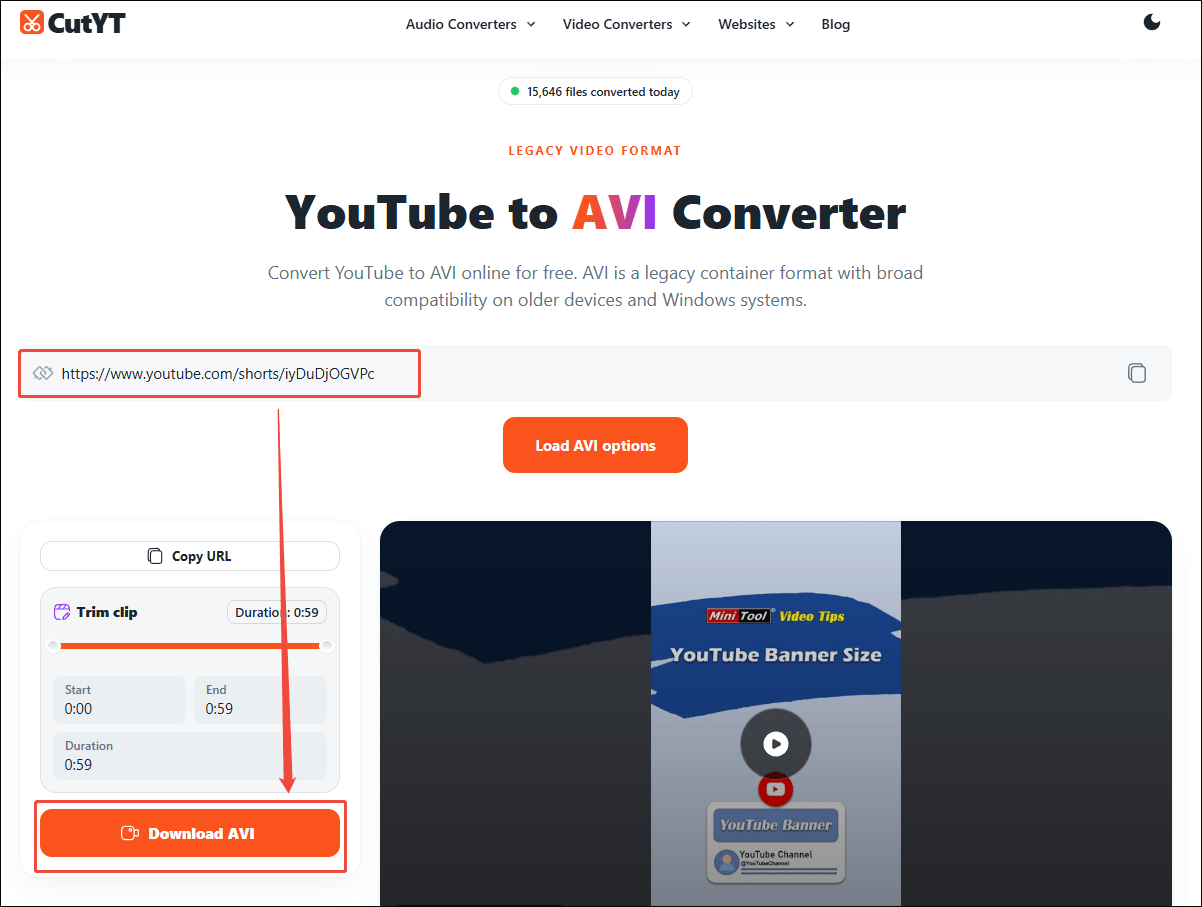CutYT interface with the Download AVI option selected to start the link analysis process.