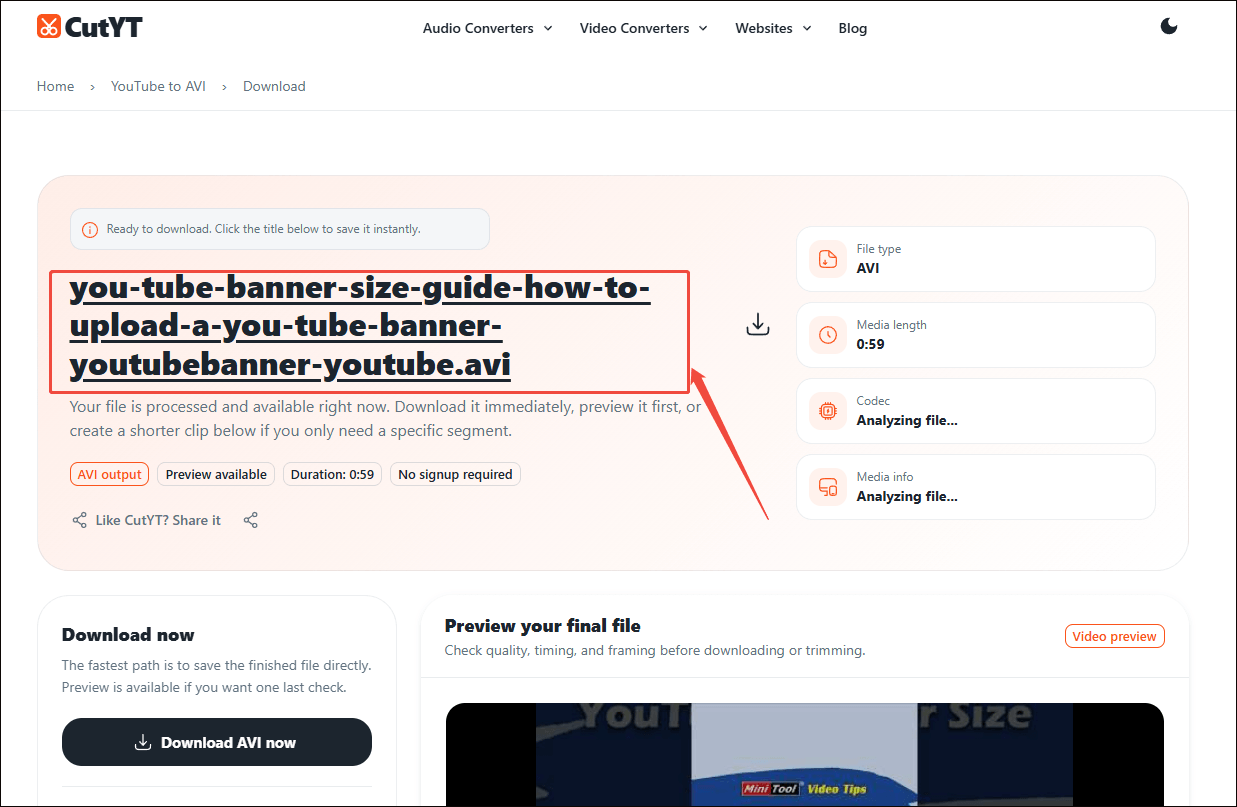 CutYT interface with the video title selected to convert YouTube to AVI.