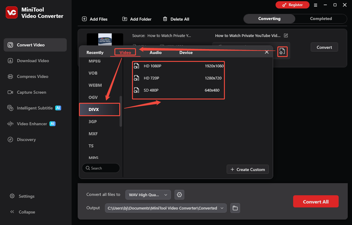 The Convert Video interface of MiniTool Video Converter that shows how to set DIVX as the output format.