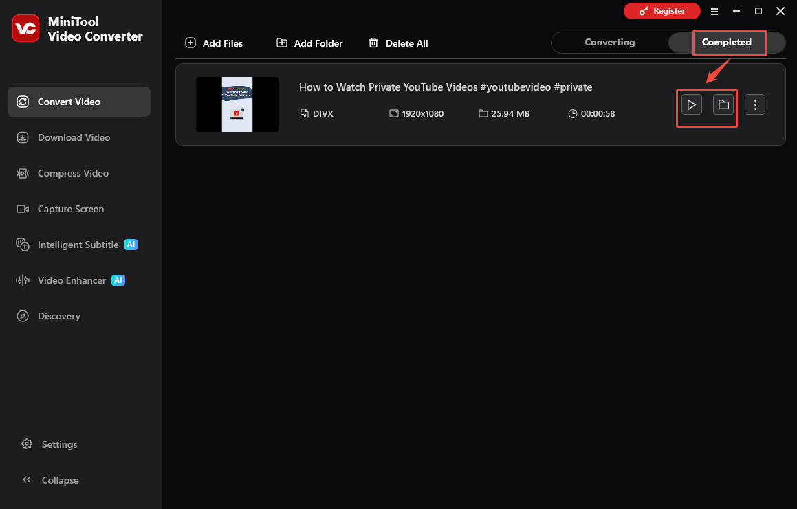 The Convert Video interface of MiniTool Video Converter that shows how to check the output video. With MiniTool Video Converter, it is effortless to convert YouTube to DIVX.