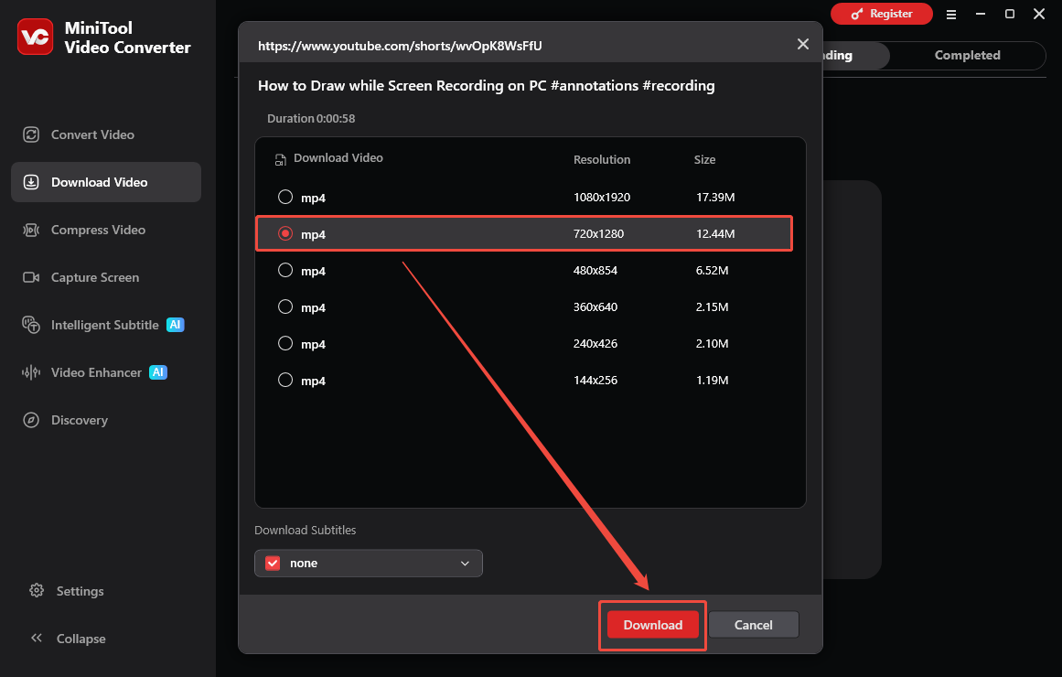 The Download Video interface of MiniTool Video Converter with the Download option selected to start the download process.