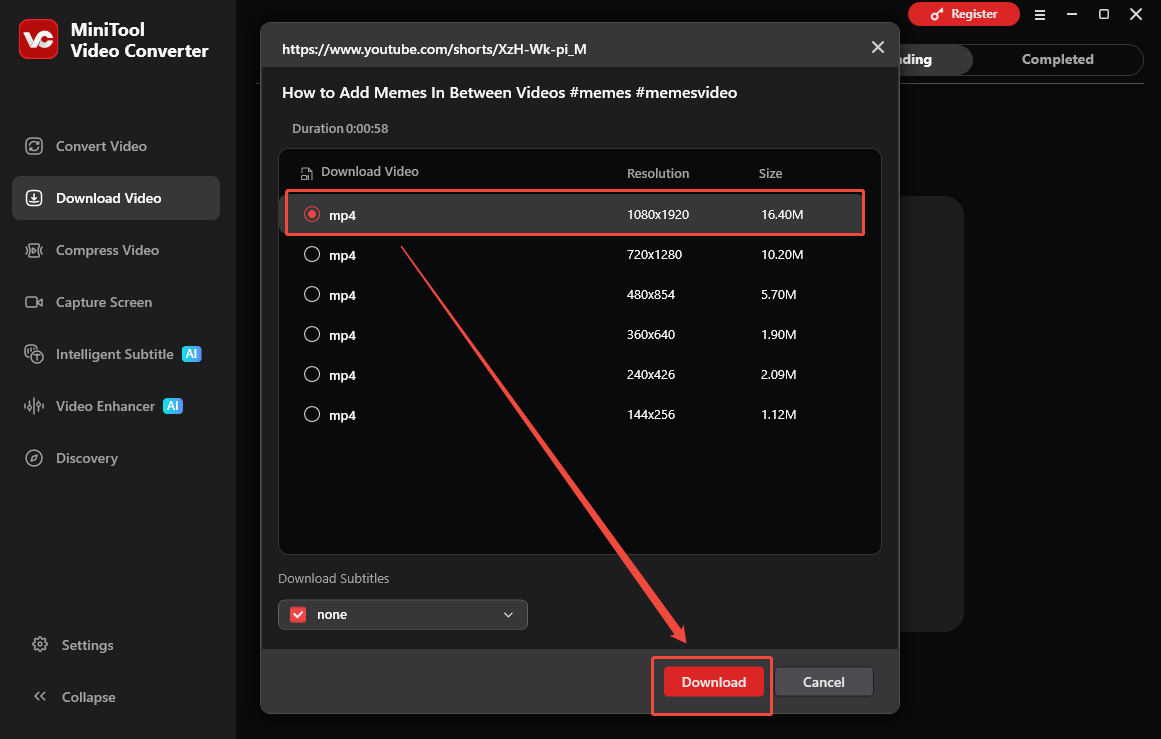 The Download Video interface of MiniTool Video Converter with the Download option selected to start the download process.