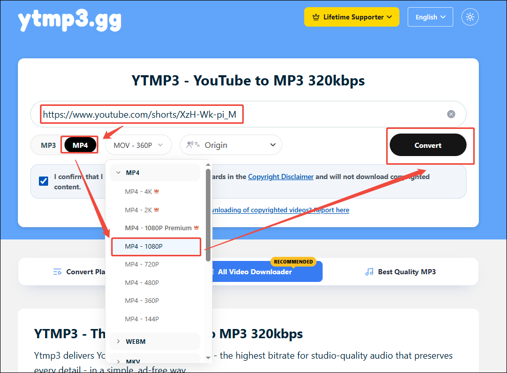 ytmp3 gg interface that shows how to begin the conversion.