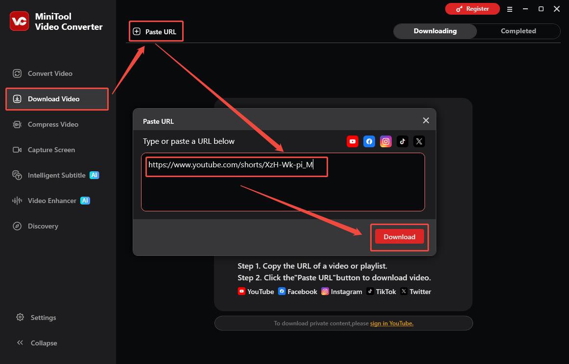 The Download Video interface of MiniTool Video Converter that shows how to analyze the YouTube URL.