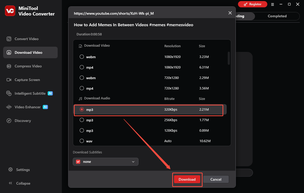 The Download Video interface of MiniTool Video Converter with the Download option selected to start the download process.