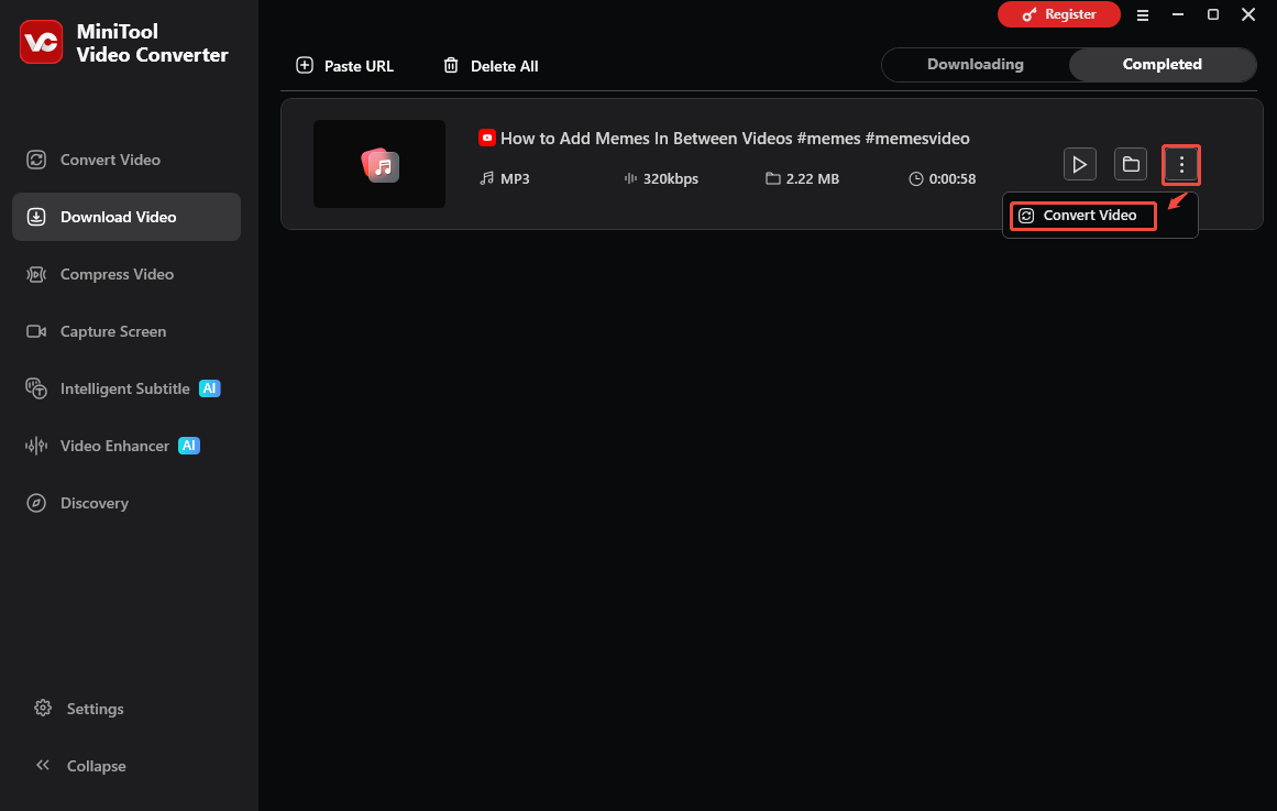 The Download Video interface of MiniTool Video Converter that shows how to import the YouTube video.