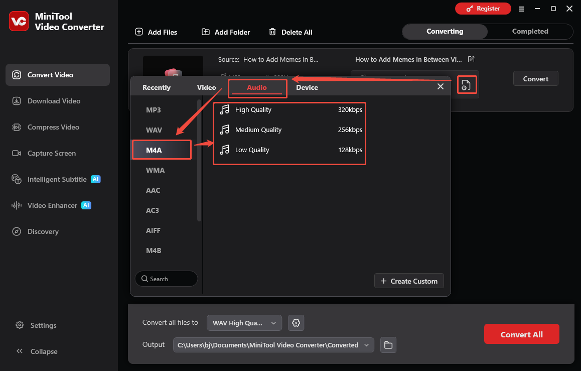 The Convert Video interface of MiniTool Video Converter that shows how to set M4A as the output format.