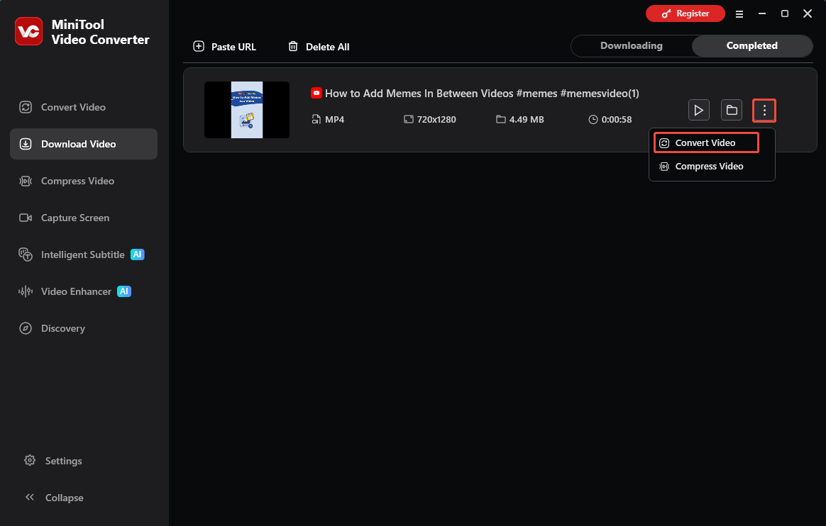 The Download Video interface of MiniTool Video Converter that shows how to import the YouTube file.