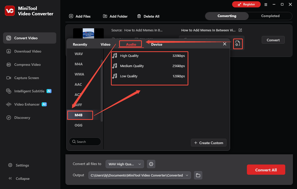 The Convert Video interface of MiniTool Video Converter that shows how to set M4B as the output format.
