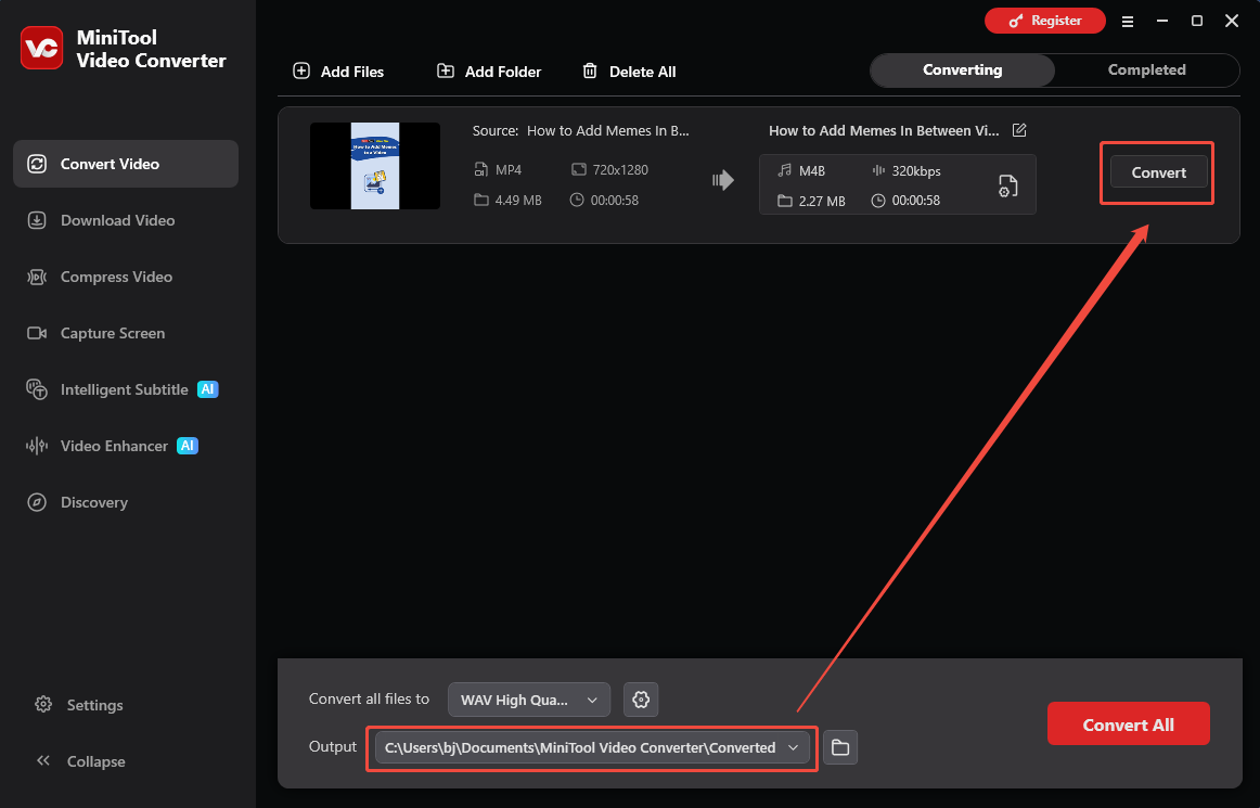 The Convert Video interface of MiniTool Video Converter that shows how to set an output folder and start the conversion.