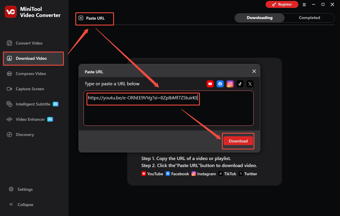 The Download Video interface of MiniTool Video Converter that shows how to analyze the YouTube URL.