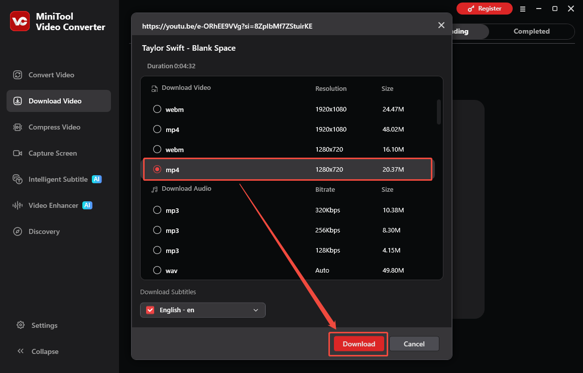 The Download Video interface of MiniTool Video Converter with the Download option selected to start the download process.