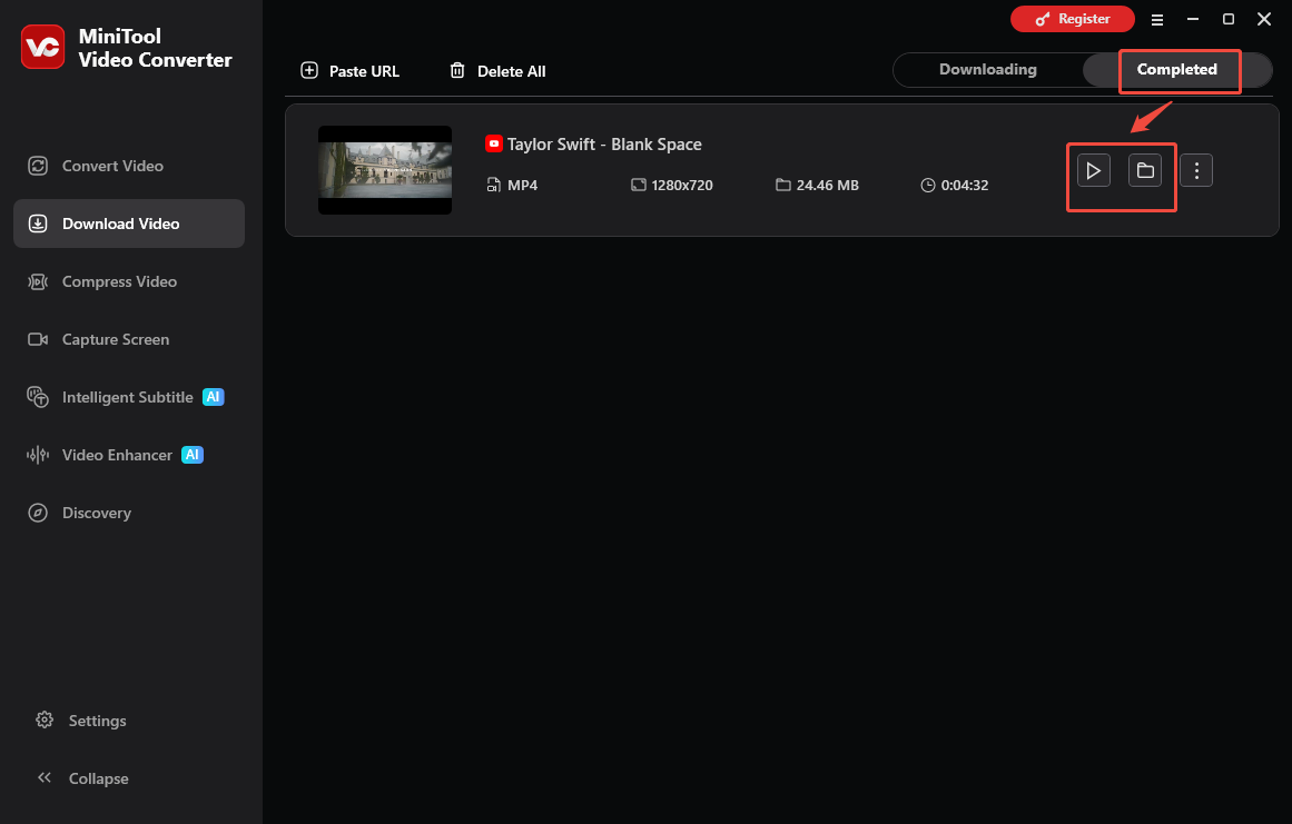 The Download Video interface of MiniTool Video Converter with the Play and Folder icons selected to check the output file.