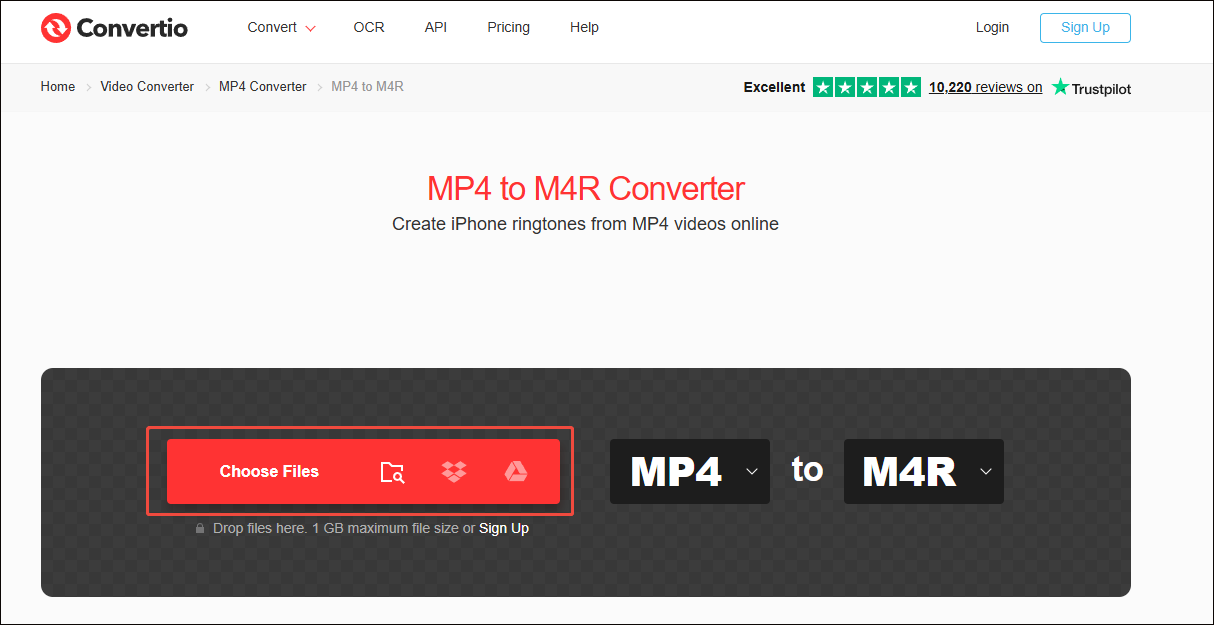 Convertio interface with the Choose Files option selected to import the YouTube video.