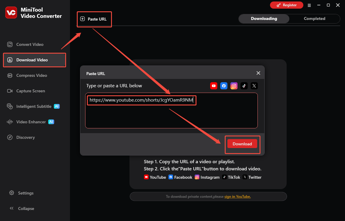 The Download Video interface of MiniTool Video Converter that shows how to analyze the YouTube URL.