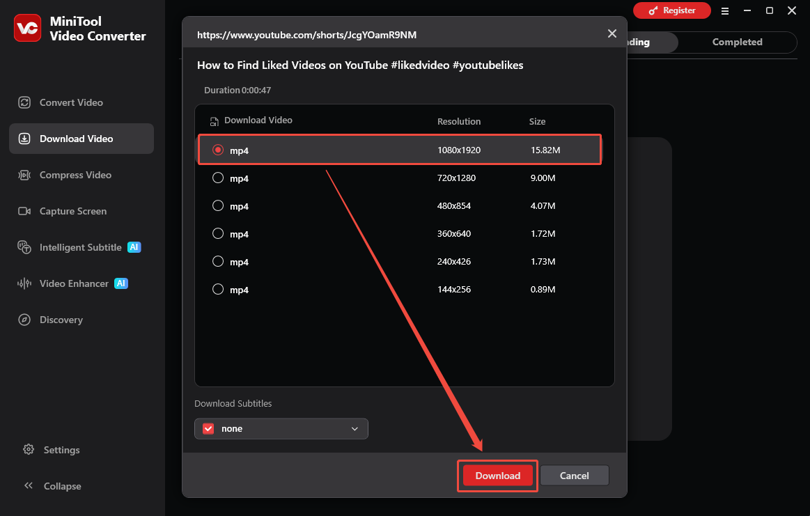 The Download Video interface of MiniTool Video Converter with the Download option selected to start the download process.