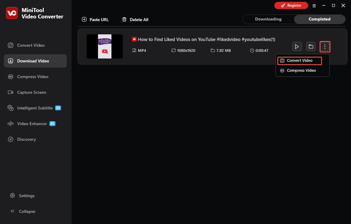 The Download Video interface of MiniTool Video Converter that shows how to import the YouTube file.