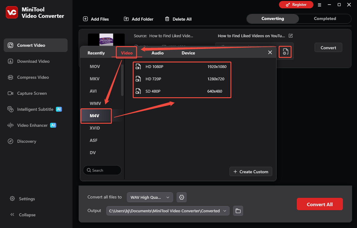 The Convert Video interface of MiniTool Video Converter that shows how to set M4V as the output format.