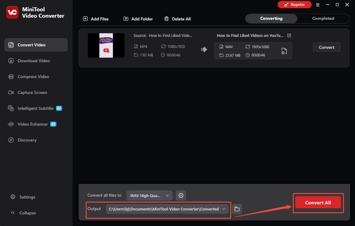 The Convert Video interface of MiniTool Video Converter that shows how to set an output folder and start the conversion.