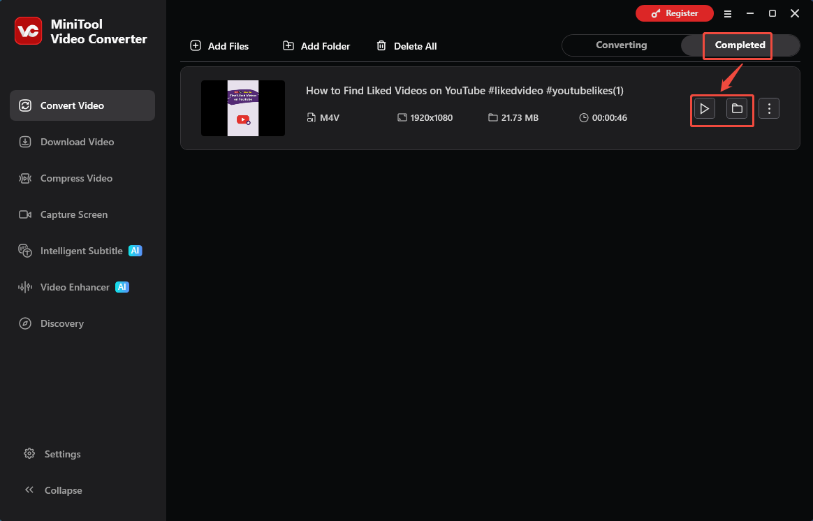The Convert Video interface of MiniTool Video Converter that shows how to check the output video.