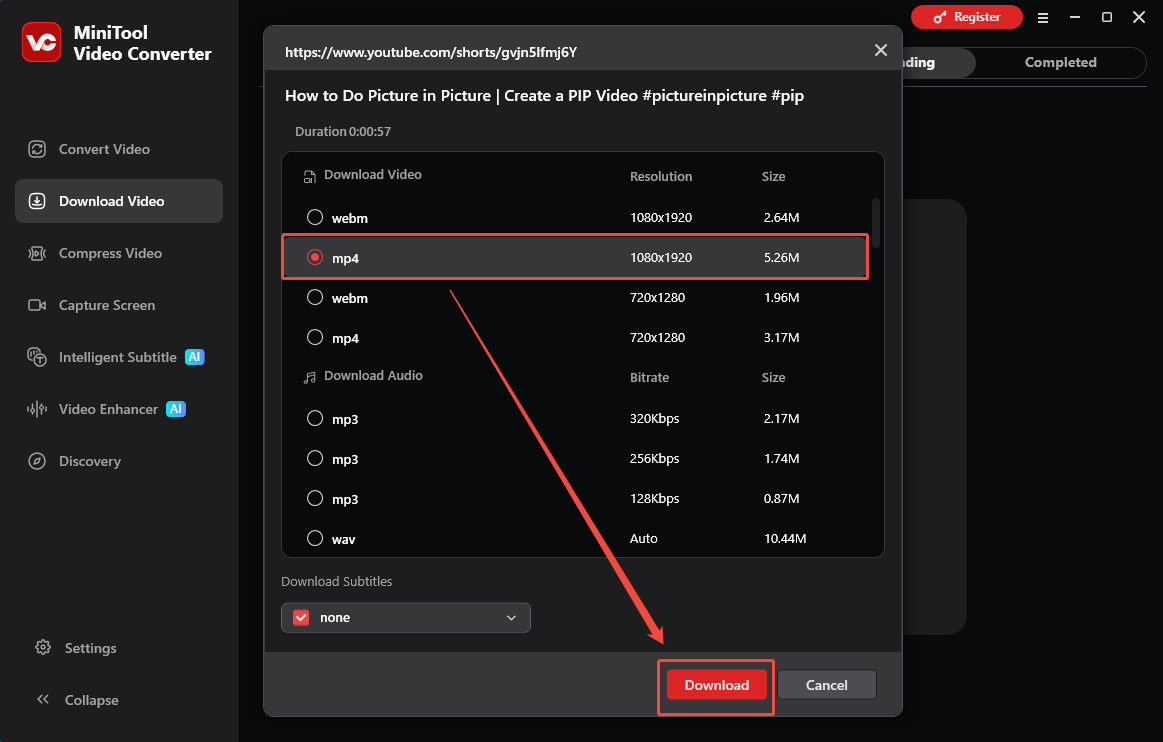 The Download Video interface of MiniTool Video Converter that shows how to set the output format and start the download.