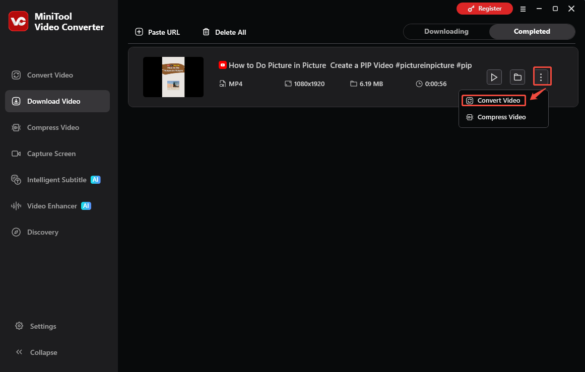 The Download Video interface of MiniTool Video Converter with the More icon and the Convert Video option selected.