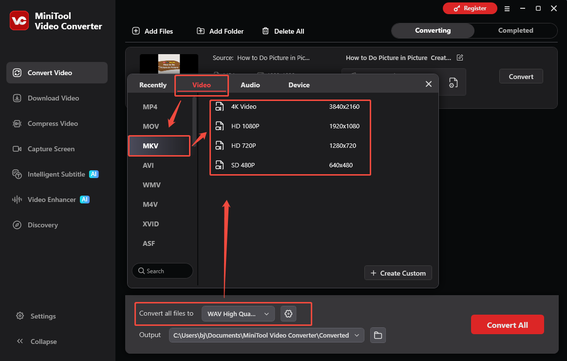 The Convert Video interface of MiniTool Video Converter that shows how to set MKV as the output format.