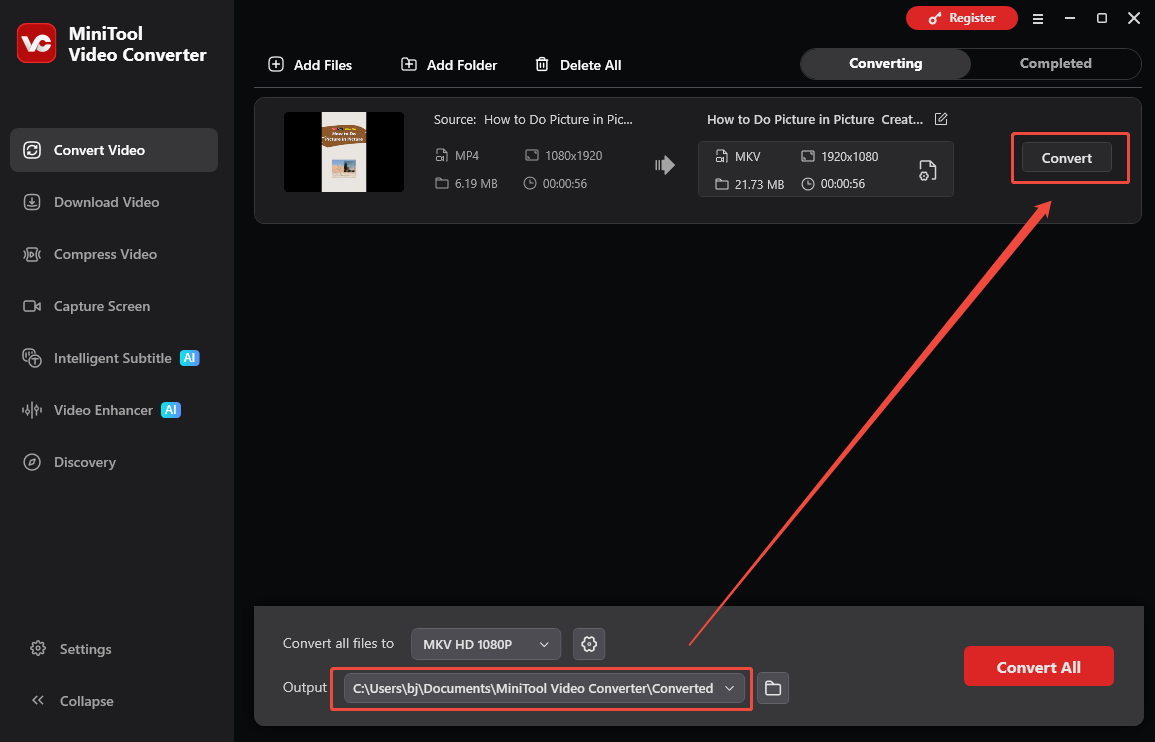 The Convert Video interface of MiniTool Video Converter that shows how to set an output folder and begin conversion.