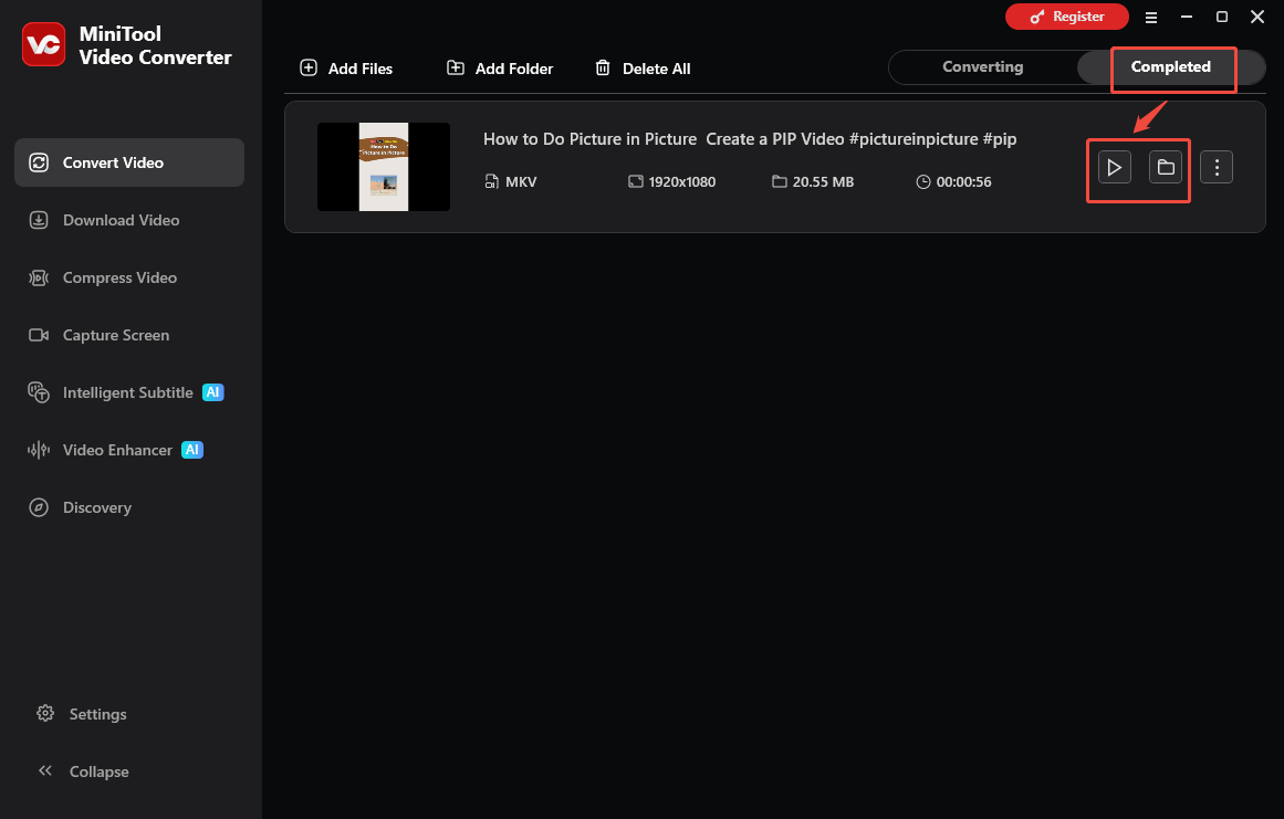 The Convert Video interface of MiniTool Video Converter that shows how to check the output file.